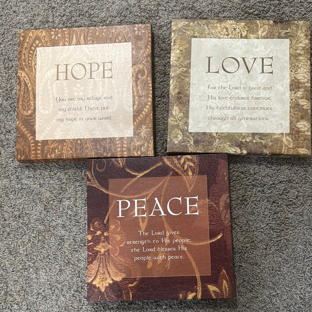Inspirational Wall Art Set - Hope, Love, Peace - Brown and Cream